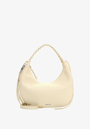 Cream-colored leather handbag with braided handle, small logo detail, and detachable shoulder strap against white background.