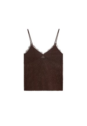 Massimo Dutti, STRAPPY LACE DETAIL TOP - Top - dark brown