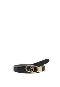 Cintura in pelle nera con una superficie liscia e una fibbia ovale in tono oro con un logo stilizzato. L'estremità della cintura è affusolata.