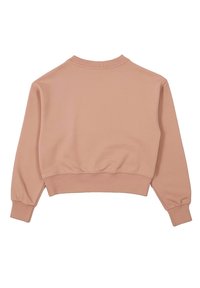 Felpa cropped marrone chiaro con maniche lunghe, polsini e orlo a coste, mostrata da dietro su uno sfondo bianco.