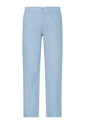 Pantalon en lin bleu clair avec fermeture à boutons, passants de ceinture et coupe droite, présenté de face sur un fond blanc.