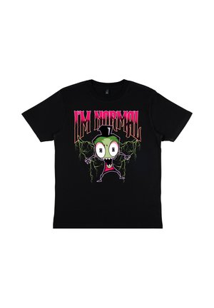 Czarny T-shirt z kreskówkową postacią o szeroko otwartych oczach i zielonej skórze, błyskawice i dużym różowo-czerwonym napisem "I'M IMMORTAL" nad nią.