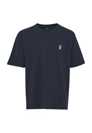 Marineblauwe katoenen T-shirt met een ronde hals en korte mouwen, uitgevoerd met een kleine geborduurde afbeelding van een hand en een symbool op de borst.