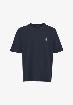 Marineblaue Baumwoll-T-Shirt mit Rundhalsausschnitt und kurzen Ärmeln, das auf der Brust ein kleines gesticktes Motiv einer Hand und ein Symbol zeigt.