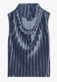 Ärmlös topp i marinblå sammet med vertikala veck och bred kappa-halsringning, märkt "ANNA FIELD" inuti kragen.