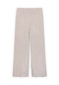 Vaaleanbeige leveälahkeiset housut, joissa on teksturoitu kangas. Ominaisuuksiin kuuluu etupainike suljenta ja sivutaskut, jotka on viimeistelty siistillä helmalla.