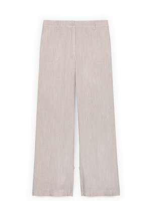 Helle beige weit geschnittene Hose aus strukturiertem Stoff. Mit einer Knopfverschluss vorne und Eingrifftaschen, abgeschlossen mit einem sauberen Saum.