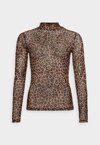 Durchsichtige, langärmelige Bluse mit hohem Ausschnitt, die ein Leopardenmuster in Braun und Schwarz auf transparenter Basis zeigt. Dehnbarem, leichtem Material.