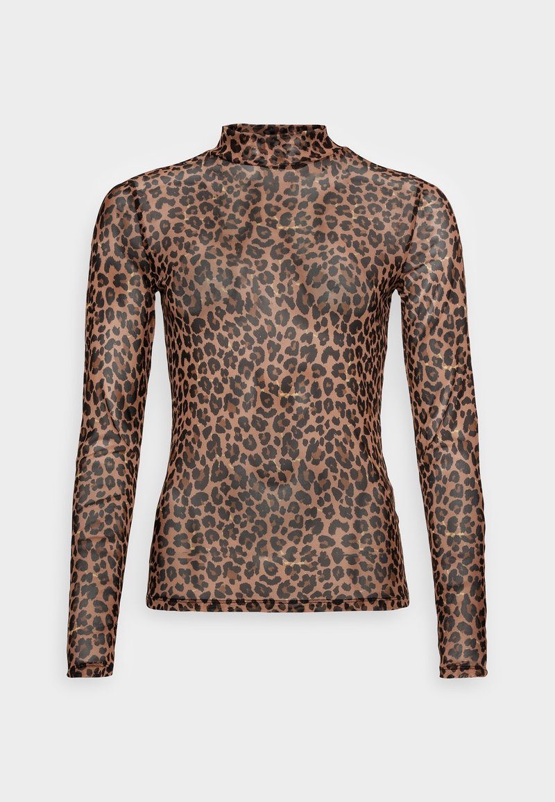 Durchsichtige, langärmelige Bluse mit hohem Ausschnitt, die ein Leopardenmuster in Braun und Schwarz auf transparenter Basis zeigt. Dehnbarem, leichtem Material.