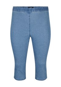 Pantaloni capri in denim di colore blu chiaro con vita elastica, caratterizzati da una texture liscia e taglio dritto che termina appena sotto il ginocchio.