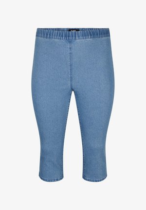 Jasnoniebieskie dżinsowe spodnie capri z elastycznym pasem, charakteryzujące się gładką fakturą i prostym krojem kończącym się tuż poniżej kolana.