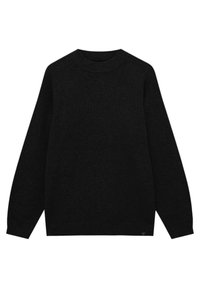 Pull noir en maille avec une texture côtelée, col rond et manches longues. Présente une coupe légèrement ample et un petit logo à l'ourlet.