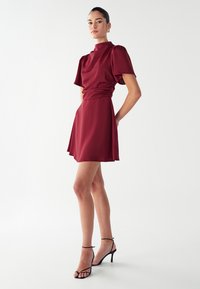 Bordo trumpas suknelė su aukštu kaklu, pūkuotomis rankovėmis, raukšlėta juosmens dalimi ir plačiu sijonu, derinama su juodomis suknelėmis ant kulnų. Lygus audinys, elegantiškas dizainas.