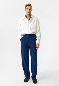 Witte lange mouwen shirt met knoopsluiting en zak, gecombineerd met blauw gestreepte broek. Schoenen zijn donker van kleur, met een plat ontwerp.
