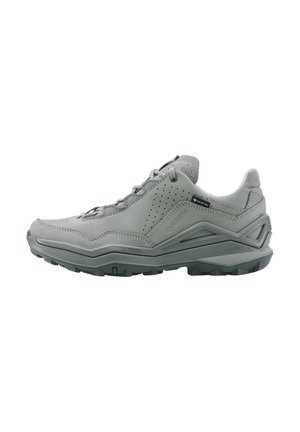 Gray low-cut hiking shoe with sturdy sole, lace-up closure, ventilation holes, and Gore-Tex label on side for waterproofing.