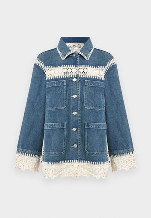 Blue denim jacket with white crochet lace trim on chest, cuffs, hem, button front, and four front patch pockets.