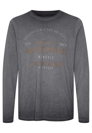 Szara koszulka z długim rękawem wykonana z miękkiego materiału, zdobiona różnorodną typografią w białym i metalicznym złocie, z okrągłym dekoltem i przeszywanym dołem.