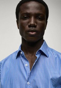 Camicia a righe blu e bianche con colletto alla francese, caratterizzata da una texture liscia e linee verticali ben definite.