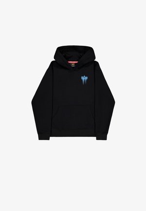 Sort hættetrøje med frontlomme, med en lyseblå logo på venstre bryst og ribstrikkede manchetter og kant for en tæt pasform.