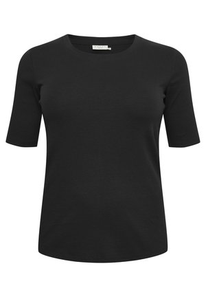 Black short-sleeve T-shirt made of ribbed fabric. Features a round neckline and a relaxed fit, with subtle stitching details.