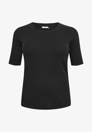 Black short-sleeve T-shirt made of ribbed fabric. Features a round neckline and a relaxed fit, with subtle stitching details.