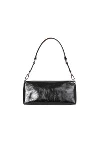 Black leather handbag with a smooth texture and a rectangular shape. Features a single shoulder strap and silver-tone hardware.