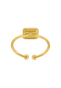 Anello d'oro con una fascia rotonda, caratterizzato da due palline decorative a ciascun capo e un accento rettangolare al centro, texture liscia.