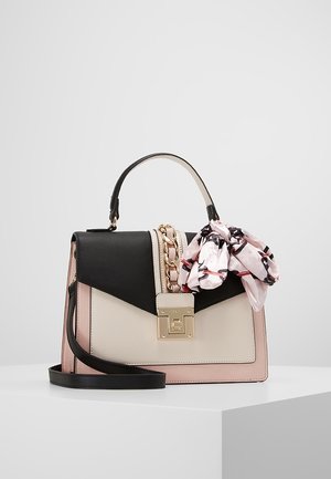 Structured handbag with a black and beige body, pink accents, gold hardware, and a decorative scarf detail. Features a top handle and chain strap.