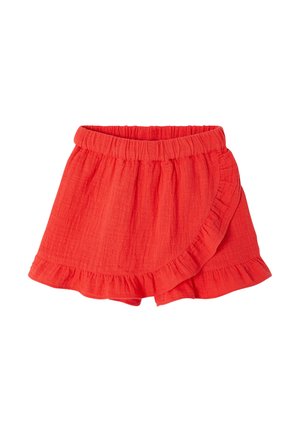 Red elastic waist wrap shorts with textured fabric and ruffled edges, designed for casual wear.