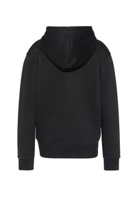 Felpa nera con cappuccio spazioso, polsi e orlo a coste. Realizzata in un tessuto morbido con una superficie liscia e senza motivi visibili.