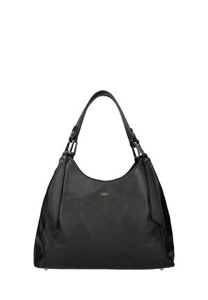 Bolso bandolera de piel negra granulada, con un asa superior curva, herrajes metálicos y un pequeño logotipo en la parte delantera, sobre un fondo blanco.