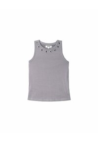Top sin mangas gris hecho de algodón, con ojetes circulares plateados a lo largo del escote y un diseño simple y ajustado.