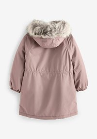 Rosa vattentät parka med huva av päls, elastiska ärmar och midja med smock, med en slät yta och avslappnad design.