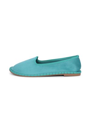 Turquoise slip-on shoe with a smooth satin finish, rounded toe, and decorative stitched trim along the sole. Flat rubber outsole for grip.