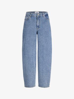 Jeans denim azzurri chiaro a vita alta con gamba dritta, chiusura frontale con bottone e cerniera, passanti per cintura, tasche anteriori e posteriori.
