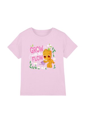 Pink cotton t-shirt with short sleeves featuring a cartoon character watering plants and the text "GROW with the FLOW" in bold colors.