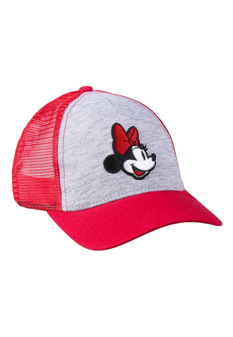 Gorra de béisbol roja con una parte frontal gris, que presenta un diseño bordado de Minnie Mouse. Parte trasera de malla para ventilación, visera curva y correa ajustable.