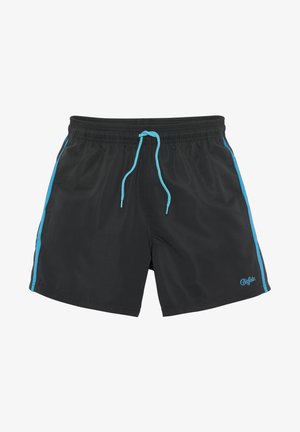 Zwarte zwembroek met een elastische tailleband, turquoise trekkoord en zijkanten met strepen. Heeft een logo in de rechteronderhoek.