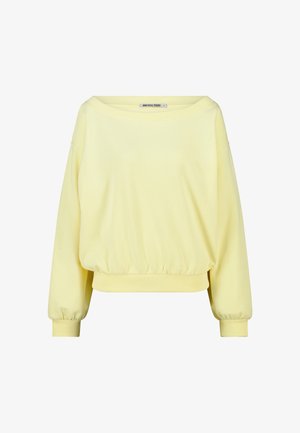 Sudadera de manga larga de color amarillo claro con puños y dobladillo elásticos, y un cuello redondo ancho, con la etiqueta "America Today".