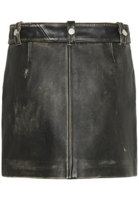 Black leather mini skirt with a fitted cut, featuring a smooth texture, distressed accents, and silver hardware at the waistband.
