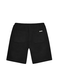 Czarne szorty z elastycznym pasem i dwoma naszywanymi kieszeniami z tyłu, z których jedna posiada małą białą metkę marki na prawej kieszeni.