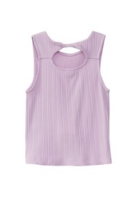 Lilac sans-mouw top met ribbelstructuur, ronde hals en uitsnede aan de achterkant. Voorzien van knoopsluiting en rechte zoom.