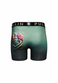 Boxers verts avec taille noire et le texte "PULLIN", présentant un graphique de poche arrière avec quatre monstres de dessin animé colorés qui jettent un coup d'œil.