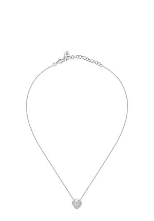 Collana con pendente a forma di cuore in argento con pietre trasparenti, caratterizzata da una catena delicata e una chiusura a gancio, che mette in risalto un design minimalista.