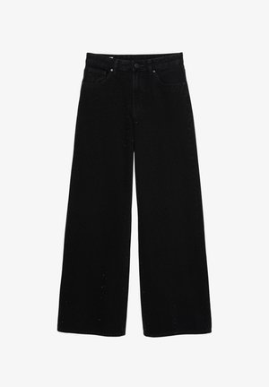 Zwarte wijde jeans gemaakt van stevig denim materiaal, met subtiele perforaties, een knoop- en ritssluiting en een traditionele vijf-pocket design.