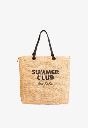 Woven natural straw tote bag with black leather handles; features "SUMMER CLUB" and "by lola" embossed in black. Rectangular shape.