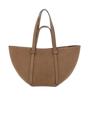 Brown suede tote bag with a semi-circular shape, two long handles, and minimalistic design. Features a subtle brand logo on the front.
