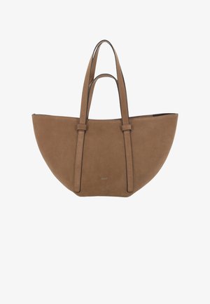 Brown suede tote bag with a semi-circular shape, two long handles, and minimalistic design. Features a subtle brand logo on the front.