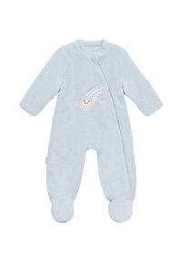Mono de bebé de felpa azul con mangas largas, pequeño cuello, cierre a presión y un diseño bordado de un cometa con cara sonriente y estrellas.