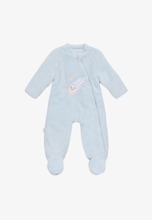 Mono de bebé de felpa azul con mangas largas, pequeño cuello, cierre a presión y un diseño bordado de un cometa con cara sonriente y estrellas.